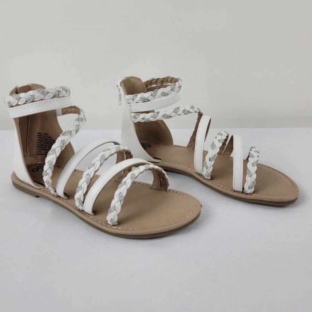 SO Loganberry White Gladiator Sandals Womens 6 Braided Zip Up Memory Foam Flat